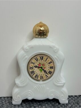 Vintage Avon Milk Glass Mantel Clock Decanter Bottle Gold Cap Floral 1970s